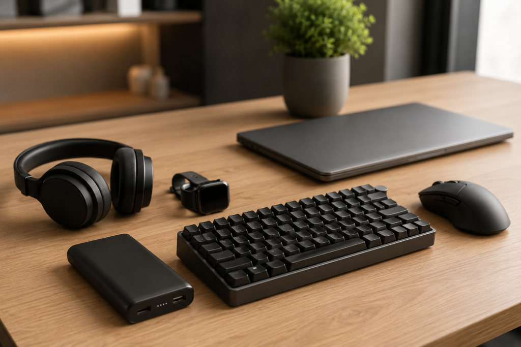 Mesa minimalista com acessórios tecnológicos modernos como teclado mecânico, smartwatch, fone Bluetooth e power bank
