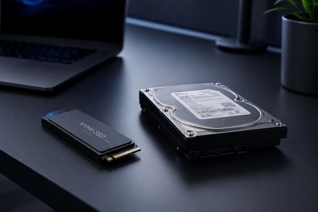 Comparação entre SSD e HD mostrando diferenças de velocidade e armazenamento em 2026