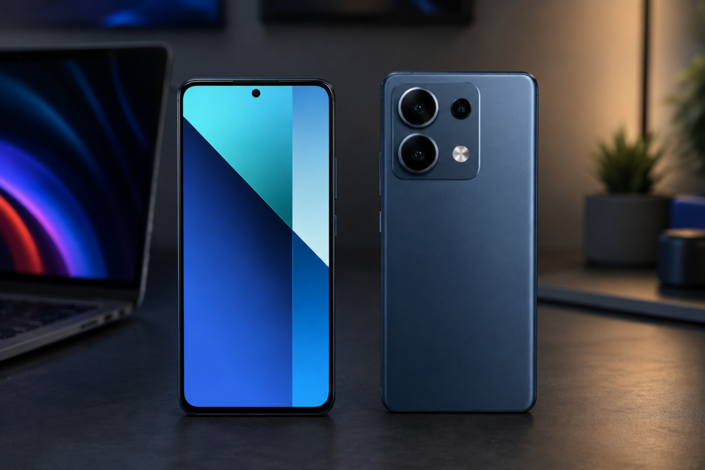 Redmi Note 13 mostrando tela e câmeras traseiras em ambiente de trabalho moderno.