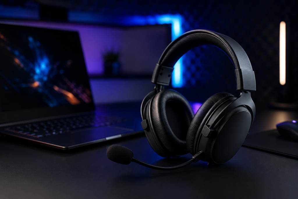 Headset gamer preto sobre mesa escura com notebook ao fundo e iluminação RGB azul

