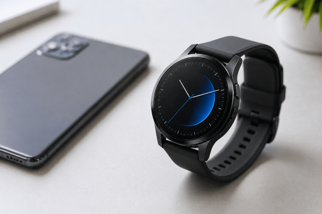 Smartwatch moderno sobre mesa clara ao lado de smartphone em ambiente clean
