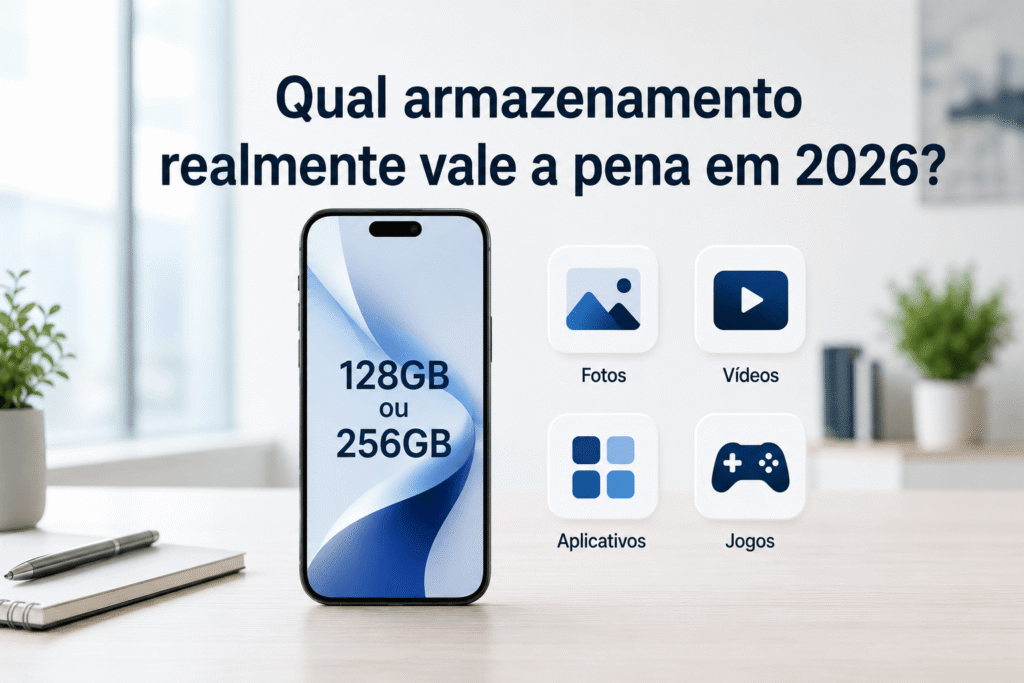 Comparação entre smartphones com 128GB e 256GB de armazenamento em 2026, mostrando qual capacidade vale mais a pena para diferentes perfis de uso.