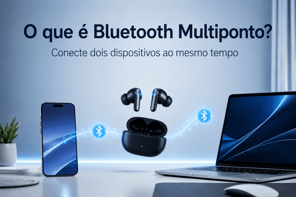 Fones Bluetooth conectados simultaneamente a um smartphone e a um notebook utilizando a tecnologia Bluetooth Multiponto.