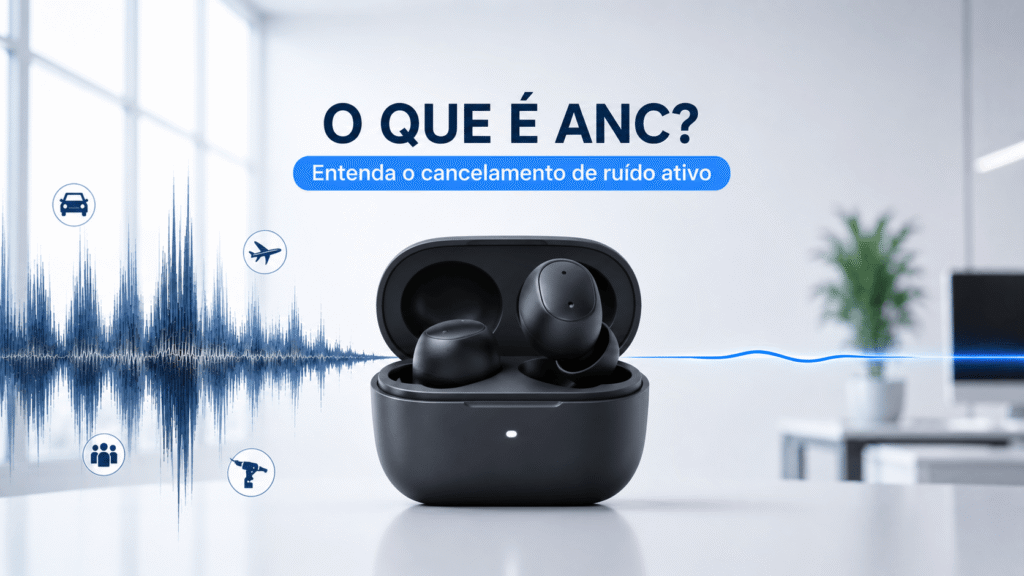 Ilustração de fones Bluetooth com ANC mostrando como funciona o cancelamento de ruído ativo em 2026.