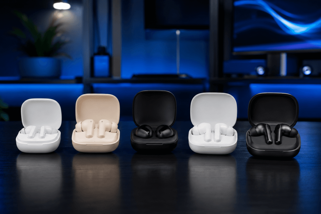 Melhores fones Bluetooth custo-benefício 2026 com modelos QCY T13, QCY HT05, Redmi Buds 6 Play, Redmi Buds 6 Lite e QCY HT08 MeloBuds Pro.