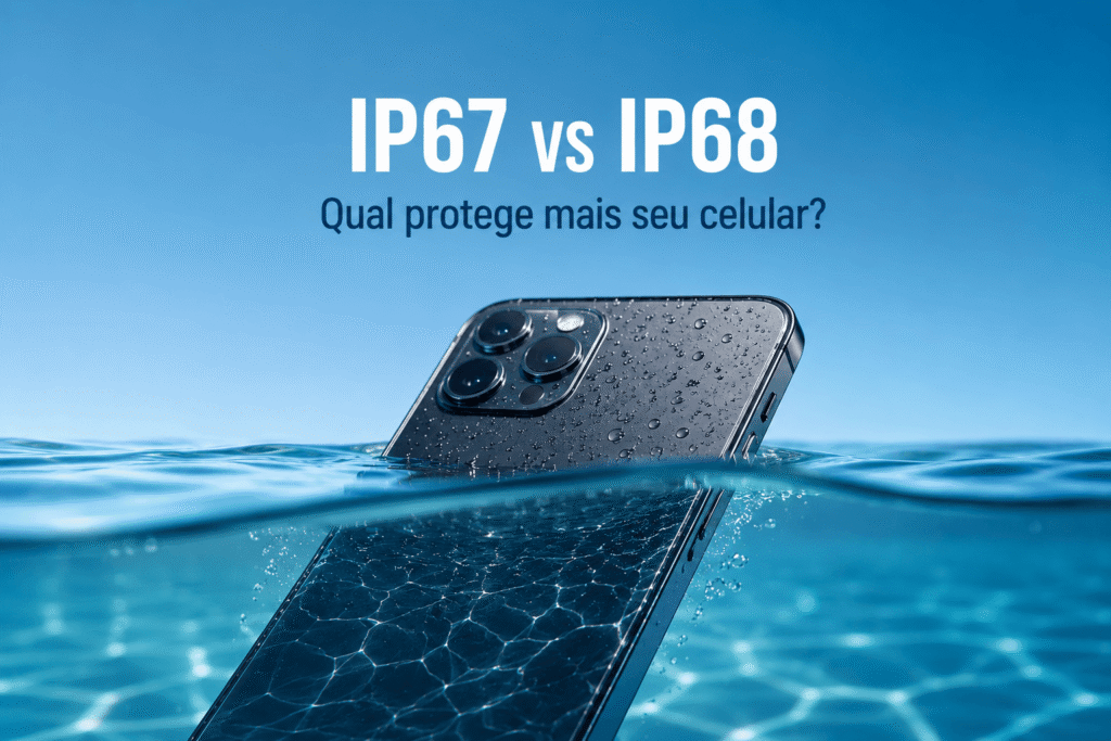 Celular resistente à água parcialmente submerso em piscina ilustrando a diferença entre certificações IP67 e IP68.