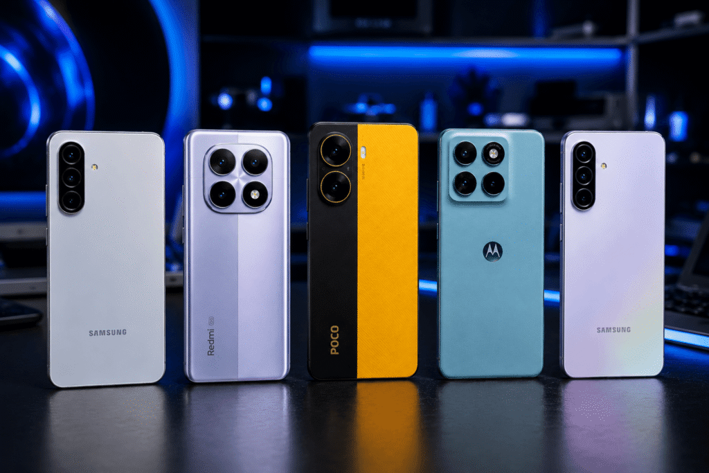 Comparação dos melhores celulares intermediários premium de 2026 incluindo Samsung Galaxy A56 Redmi Note 14 Pro POCO X7 Pro Motorola Edge 60 Fusion e Galaxy A36
