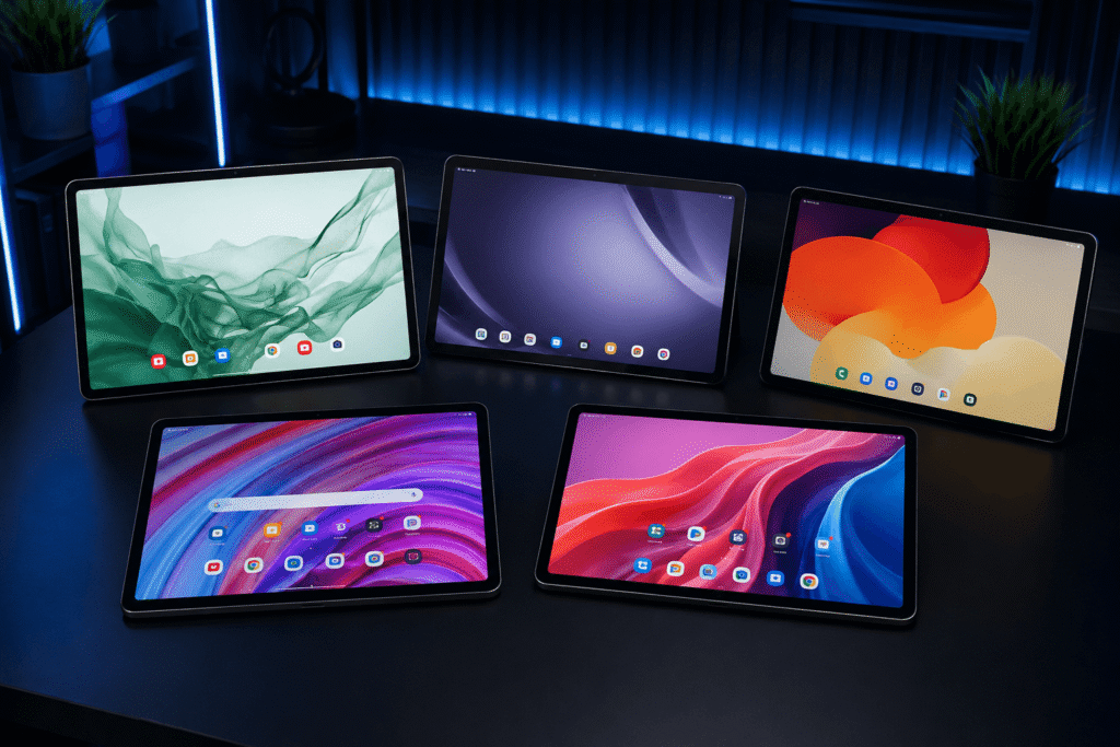 Melhores tablets para comprar em 2026 reunidos em imagem comparativa, incluindo Galaxy Tab S9 FE, Galaxy Tab A9+, Redmi Pad SE, Redmi Pad Pro e Lenovo Tab M11.