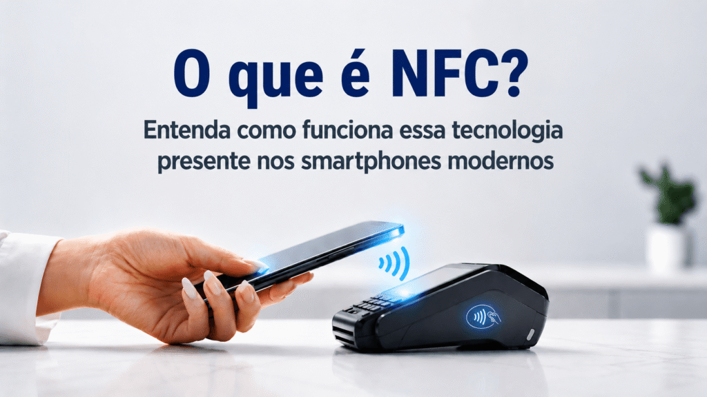 Smartphone realizando pagamento por aproximação em uma maquininha utilizando tecnologia NFC.