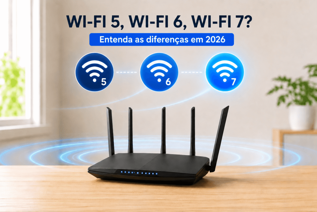 Comparação entre Wi-Fi 5, Wi-Fi 6 e Wi-Fi 7 com roteador moderno ilustrando as diferenças entre os padrões de conexão sem fio.