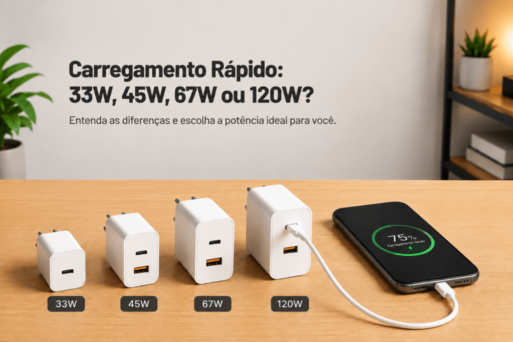 Comparação entre carregadores rápidos de 33W, 45W, 67W e 120W ao lado de um smartphone durante o carregamento.
