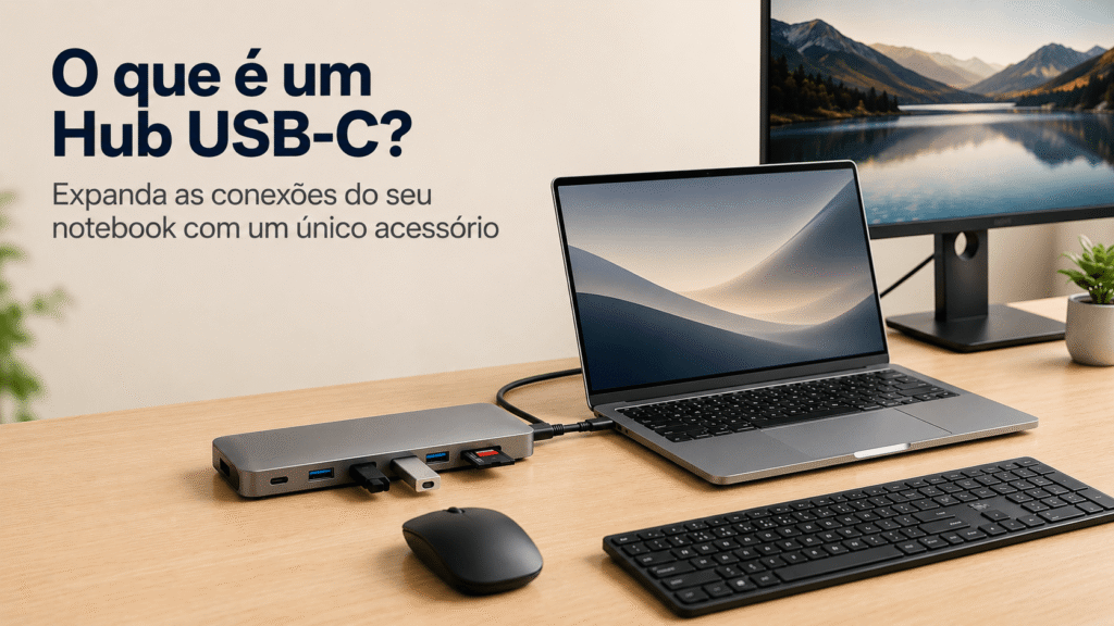Hub USB-C conectado a um notebook moderno, expandindo conexões USB, HDMI e cartão SD em uma mesa de trabalho organizada.