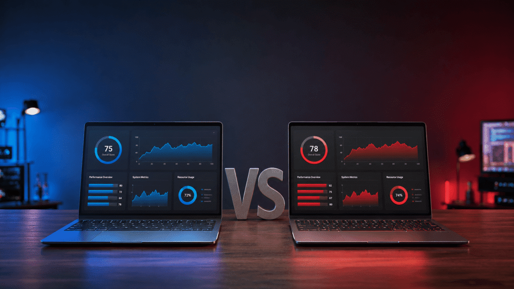 Comparação entre notebooks equipados com processadores Intel Core e AMD Ryzen lado a lado sobre uma mesa, representando a disputa entre as duas plataformas em 2026.
