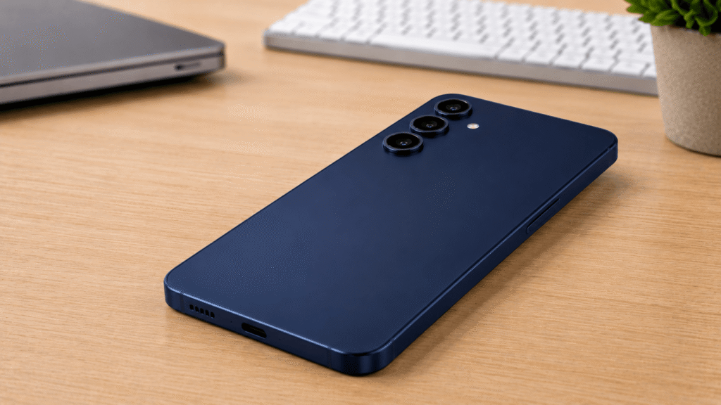 Samsung Galaxy A57 5G na cor Azul Escuro (Awesome Navy) sobre mesa de madeira clara.
