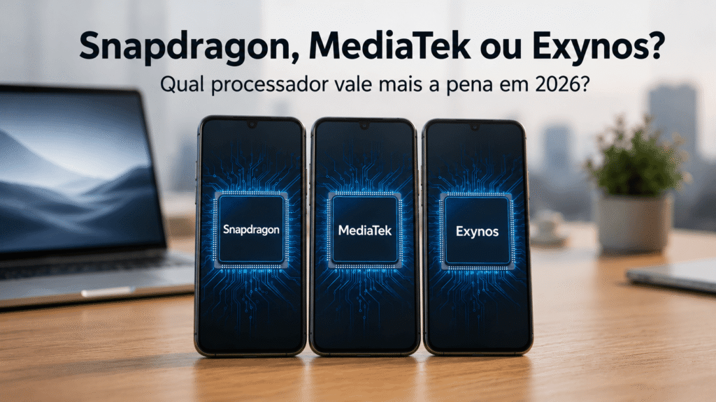 Comparação entre processadores Snapdragon, MediaTek e Exynos em smartphones, destacando as principais opções de chips para celulares em 2026.