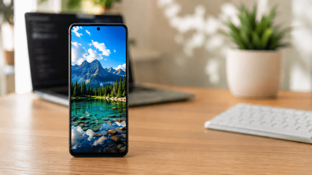 Smartphone moderno com tela AMOLED sobre mesa de madeira em ambiente de escritório, ilustrando as diferenças entre telas AMOLED e IPS.