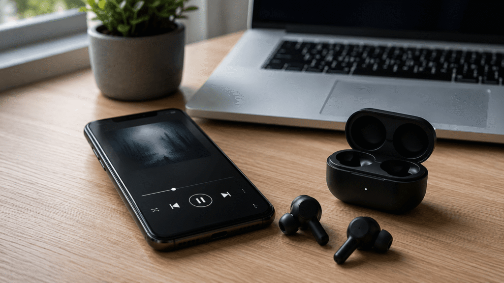 Smartphone e fones Bluetooth em uma mesa, representando codecs de áudio sem fio