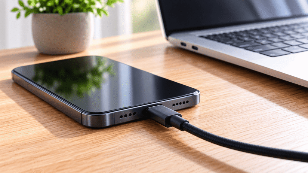 Smartphone moderno com cabo USB-C conectado sobre mesa de madeira, com notebook e planta ao fundo