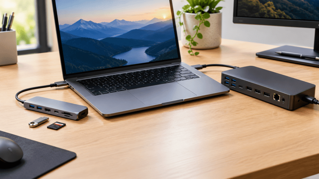 Dock station e hub USB-C lado a lado conectados a um notebook