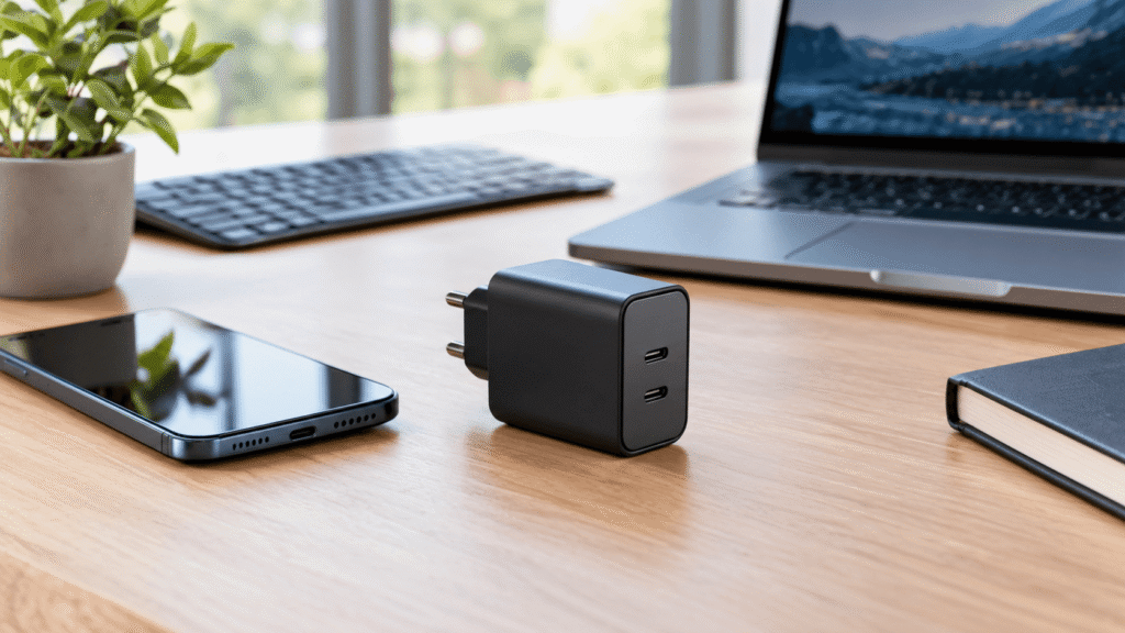 Carregador GaN compacto sobre mesa em ambiente de home office
