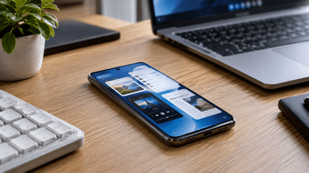 Smartphone moderno exibindo vários aplicativos em multitarefa, representando o uso da memória RAM