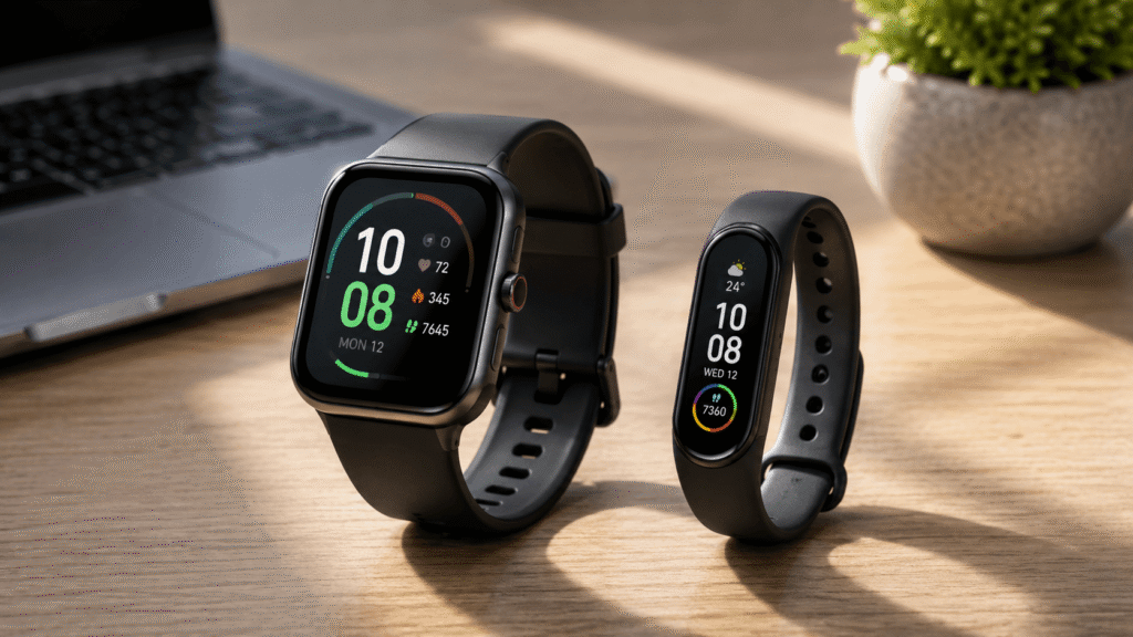 Smartwatch e smartband lado a lado mostrando as diferenças entre os dispositivos