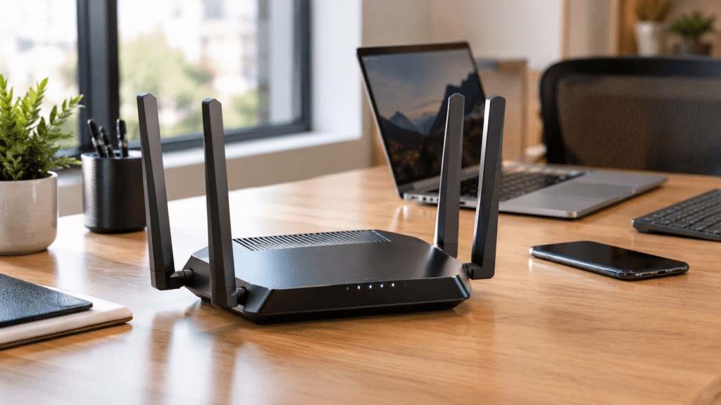 Roteador Wi-Fi 7 moderno sobre mesa em ambiente de home office